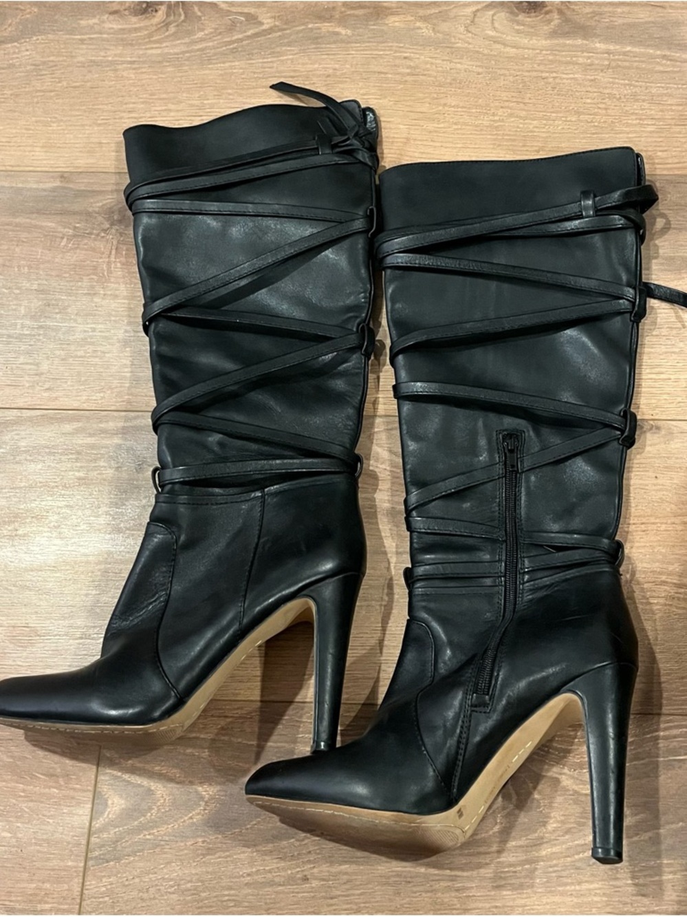 Vince Camuto Boots Black Leather Strappy Heeled Tall